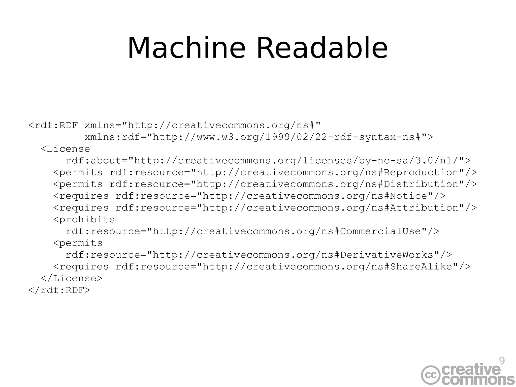 9
Machine Readable
<rdf:RDF xmlns="http://creativecommons.org/ns#"
xmlns:rdf="http://www.w3.org/1999/02/22-rdf-syntax-ns#">
<License
rdf:about="http://creativecommons.org/licenses/by-nc-sa/3.0/nl/">
<permits rdf:resource="http://creativecommons.org/ns#Reproduction"/>
<permits rdf:resource="http://creativecommons.org/ns#Distribution"/>
<requires rdf:resource="http://creativecommons.org/ns#Notice"/>
<requires rdf:resource="http://creativecommons.org/ns#Attribution"/>
<prohibits
rdf:resource="http://creativecommons.org/ns#CommercialUse"/>
<permits
rdf:resource="http://creativecommons.org/ns#DerivativeWorks"/>
<requires rdf:resource="http://creativecommons.org/ns#ShareAlike"/>
</License>
</rdf:RDF>
 