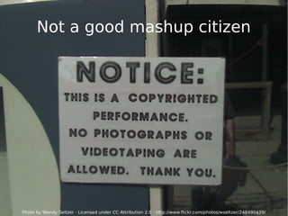 26
Demand
● Huge demand for digital creation
equipment and services, which get better
and cheaper all the time
● Huge demand for cultural works
● Great time for culture; professional
creators need to get creative
● Expansion of copyright not creative,
harmful secondary impacts
Photo by Wendy Seltzer · Licensed under CC Attribution 2.0 · http://www.flickr.com/photos/wseltzer/248490439/
Not a good mashup citizen
 
