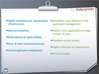 Highly virtualized and standardized   Simplified, more efficient IT and
infrastructures                       application management

Massive scalability                   Deliver more applications to large
                                      number of users
Fault tolerant & highly reliable
                                      Excellent service quality
Intra- & Inter-cloud load balance
                                      Higher utilization at reduced cost
Instant application deployment
                                      Time-to-market
 