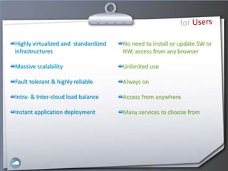 Highly virtualized and standardized   No need to install or update SW or
infrastructures                       HW; access from any browser

Massive scalability                   Unlimited use

Fault tolerant & highly reliable      Always on

Intra- & Inter-cloud load balance     Access from anywhere

Instant application deployment        Many services to choose from
 