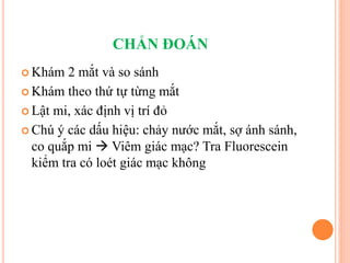 CHẨN ĐOÁN
 Khám 2 mắt và so sánh
 Khám theo thứ tự từng mắt
 Lật mi, xác định vị trí đỏ
 Chú ý các dấu hiệu: chảy nước mắt, sợ ánh sánh,
co quắp mi  Viêm giác mạc? Tra Fluorescein
kiểm tra có loét giác mạc không
 