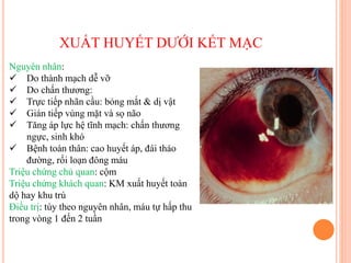 XUẤT HUYẾT DƯỚI KẾT MẠC
Nguyên nhân:
 Do thành mạch dễ vỡ
 Do chấn thương:
 Trực tiếp nhãn cầu: bỏng mắt & dị vật
 Gián tiếp vùng mặt và sọ não
 Tăng áp lực hệ tĩnh mạch: chấn thương
ngực, sinh khó
 Bệnh toàn thân: cao huyết áp, đái tháo
đường, rối loạn đông máu
Triệu chứng chủ quan: cộm
Triệu chứng khách quan: KM xuất huyết toàn
dộ hay khu trú
Điều trị: tùy theo nguyên nhân, máu tự hấp thu
trong vòng 1 đến 2 tuần
 