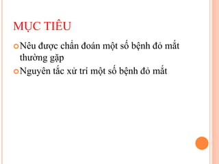 MỤC TIÊU
Nêu được chẩn đoán một số bệnh đỏ mắt
thường gặp
Nguyên tắc xử trí một số bệnh đỏ mắt
 