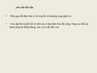 yêu cầu kết cấu
• Nhỏ gọn để đảm bảo tỉ số truyền và khoảng sang gầm xe
• Các cặp bộ truyền bố trí trên các ô lăn đảm bảo độ cứng vững cao để các
bánh răng ăn khớp đúng, êm và có độ bền cao
 