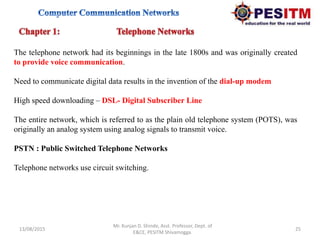 13/08/2015 25
Mr. Kunjan D. Shinde, Asst. Professor, Dept. of
E&CE, PESITM Shivamogga.
The telephone network had its beginnings in the late 1800s and was originally created
to provide voice communication.
Need to communicate digital data results in the invention of the dial-up modem
High speed downloading – DSL- Digital Subscriber Line
The entire network, which is referred to as the plain old telephone system (POTS), was
originally an analog system using analog signals to transmit voice.
PSTN : Public Switched Telephone Networks
Telephone networks use circuit switching.
 
