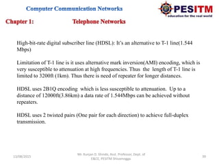 13/08/2015 39
Mr. Kunjan D. Shinde, Asst. Professor, Dept. of
E&CE, PESITM Shivamogga.
High-bit-rate digital subscriber line (HDSL): It’s an alternative to T-1 line(1.544
Mbps)
Limitation of T-1 line is it uses alternative mark inversion(AMI) encoding, which is
very susceptible to attenuation at high frequencies. Thus the length of T-1 line is
limited to 3200ft (1km). Thus there is need of repeater for longer distances.
HDSL uses 2B1Q encoding which is less susceptible to attenuation. Up to a
distance of 12000ft(3.86km) a data rate of 1.544Mbps can be achieved without
repeaters.
HDSL uses 2 twisted pairs (One pair for each direction) to achieve full-duplex
transmission.
 
