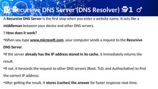 Recursive DNS Server (DNS Resolver) 1 ️
️
‍
♂️
1️⃣
🕵️
‍
️
🕵️
‍
️
🕵️
‍
️
🕵️
‍
️
🕵️
‍
️
🕵️
‍
️
🕵️
‍
️
🕵️
‍
️
🕵️
‍
️
🕵️
‍
️
🕵️
‍
️
🕵️
‍
️
🕵️
‍
️ 🕵️
‍ ️
A Recursive DNS Server is the first stop when you enter a website name. It acts like a
middleman between your device and other DNS servers.
📌 How does it work?
•When you type www.microsoft.com, your computer sends a request to the Recursive
DNS Server.
•If the server already has the IP address stored in its cache, it immediately returns the
result.
•If not, it forwards the request to other DNS servers (Root, TLD, and Authoritative) to find
the correct IP address.
•After getting the result, it stores (caches) the answer for faster response next time.
 