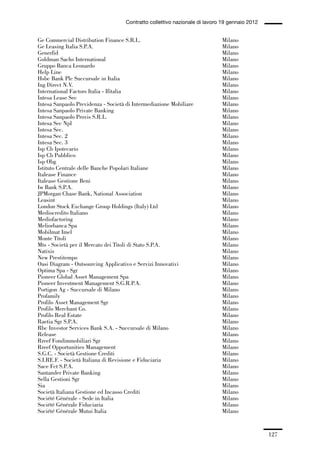 04-allegati_121_146:04-allegati_121_146 30/01/13 17:36 Pagina 127




                                                 Contratto collettivo nazionale di lavoro 19 gennaio 2012


             Ge Commercial Distribution Finance S.R.L.                                   Milano
             Ge Leasing Italia S.P.A.                                                    Milano
             Generfid                                                                    Milano
             Goldman Sachs International                                                 Milano
             Gruppo Banca Leonardo                                                       Milano
             Help Line                                                                   Milano
             Hsbc Bank Plc Succursale in Italia                                          Milano
             Ing Direct N.V.                                                             Milano
             International Factors Italia - Ifitalia                                     Milano
             Intesa Lease Sec                                                            Milano
             Intesa Sanpaolo Previdenza - Società di Intermediazione Mobiliare           Milano
             Intesa Sanpaolo Private Banking                                             Milano
             Intesa Sanpaolo Provis S.R.L.                                               Milano
             Intesa Sec Npl                                                              Milano
             Intesa Sec.                                                                 Milano
             Intesa Sec. 2                                                               Milano
             Intesa Sec. 3                                                               Milano
             Isp Cb Ipotecario                                                           Milano
             Isp Cb Pubblico                                                             Milano
             Isp Obg                                                                     Milano
             Istituto Centrale delle Banche Popolari Italiane                            Milano
             Italease Finance                                                            Milano
             Italease Gestione Beni                                                      Milano
             Iw Bank S.P.A.                                                              Milano
             JPMorgan Chase Bank, National Association                                   Milano
             Leasint                                                                     Milano
             London Stock Exchange Group Holdings (Italy) Ltd                            Milano
             Mediocredito Italiano                                                       Milano
             Mediofactoring                                                              Milano
             Meliorbanca Spa                                                             Milano
             Mobilmat Imel                                                               Milano
             Monte Titoli                                                                Milano
             Mts - Società per il Mercato dei Titoli di Stato S.P.A.                     Milano
             Natixis                                                                     Milano
             New Prestitempo                                                             Milano
             Oasi Diagram - Outsourcing Applicativo e Servizi Innovativi                 Milano
             Optima Spa - Sgr                                                            Milano
             Pioneer Global Asset Management Spa                                         Milano
             Pioneer Investment Management S.G.R.P.A.                                    Milano
             Portigon Ag - Succursale di Milano                                          Milano
             Profamily                                                                   Milano
             Profilo Asset Management Sgr                                                Milano
             Profilo Merchant Co.                                                        Milano
             Profilo Real Estate                                                         Milano
             Raetia Sgr S.P.A.                                                           Milano
             Rbc Investor Services Bank S.A. - Succursale di Milano                      Milano
             Release                                                                     Milano
             Rreef Fondimmobiliari Sgr                                                   Milano
             Rreef Opportunities Management                                              Milano
             S.G.C. - Società Gestione Crediti                                           Milano
             S.I.RE.F. - Società Italiana di Revisione e Fiduciaria                      Milano
             Sace Fct S.P.A.                                                             Milano
             Santander Private Banking                                                   Milano
             Sella Gestioni Sgr                                                          Milano
             Sia                                                                         Milano
             Società Italiana Gestione ed Incasso Crediti                                Milano
             Société Générale - Sede in Italia                                           Milano
             Société Générale Fiduciaria                                                 Milano
             Société Générale Mutui Italia                                               Milano


                                                                                                            127
 