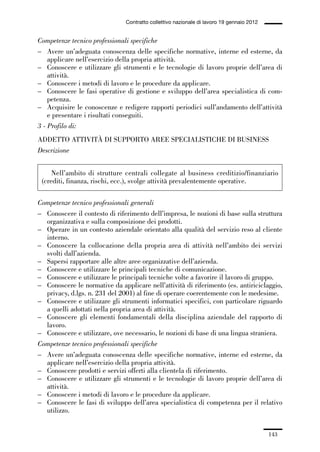 04-allegati_121_146:04-allegati_121_146 30/01/13 17:36 Pagina 143




                                                Contratto collettivo nazionale di lavoro 19 gennaio 2012


             Competenze tecnico professionali specifiche
             – Avere un’adeguata conoscenza delle specifiche normative, interne ed esterne, da
                 applicare nell’esercizio della propria attività.
             – Conoscere e utilizzare gli strumenti e le tecnologie di lavoro proprie dell’area di
                 attività.
             – Conoscere i metodi di lavoro e le procedure da applicare.
             – Conoscere le fasi operative di gestione e sviluppo dell’area specialistica di com-
                 petenza.
             – Acquisire le conoscenze e redigere rapporti periodici sull’andamento dell’attività
                 e presentare i risultati conseguiti.
             3 - Profilo di:
             ADDETTO ATTIVITÀ DI SUPPORTO AREE SPECIALISTICHE DI BUSINESS
             Descrizione


                   Nell’ambito di strutture centrali collegate al business creditizio/finanziario
               (crediti, finanza, rischi, ecc.), svolge attività prevalentemente operative.

             Competenze tecnico professionali generali
             – Conoscere il contesto di riferimento dell’impresa, le nozioni di base sulla struttura
               organizzativa e sulla composizione dei prodotti.
             – Operare in un contesto aziendale orientato alla qualità del servizio reso al cliente
               interno.
             – Conoscere la collocazione della propria area di attività nell’ambito dei servizi
               svolti dall’azienda.
             – Sapersi rapportare alle altre aree organizzative dell’azienda.
             – Conoscere e utilizzare le principali tecniche di comunicazione.
             – Conoscere e utilizzare le principali tecniche volte a favorire il lavoro di gruppo.
             – Conoscere le normative da applicare nell’attività di riferimento (es. antiriciclaggio,
               privacy, d.lgs. n. 231 del 2001) al fine di operare coerentemente con le medesime.
             – Conoscere e utilizzare gli strumenti informatici specifici, con particolare riguardo
               a quelli adottati nella propria area di attività.
             – Conoscere gli elementi fondamentali della disciplina aziendale del rapporto di
               lavoro.
             – Conoscere e utilizzare, ove necessario, le nozioni di base di una lingua straniera.
             Competenze tecnico professionali specifiche
             – Avere un’adeguata conoscenza delle specifiche normative, interne ed esterne, da
               applicare nell’esercizio della propria attività.
             – Conoscere prodotti e servizi offerti alla clientela di riferimento.
             – Conoscere e utilizzare gli strumenti e le tecnologie di lavoro proprie dell’area di
               attività.
             – Conoscere i metodi di lavoro e le procedure da applicare.
             – Conoscere le fasi di sviluppo dell’area specialistica di competenza per il relativo
               utilizzo.


                                                                                                           143
 