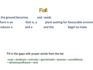 Fill in the gaps with proper words from the list: root—embryo—minute—germinate—leaves—conditions—photosynthesis—wet Fall After some rains the ground becomes  and  seeds  Inside the seed there is an  that is, a  plant waiting for favourable environmental  The new plant produces a  and a  and the  begin to make  