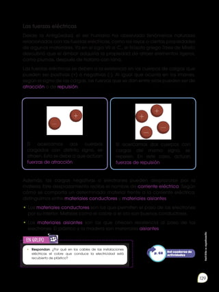 Prohibida
su
reproducción
129
Las fuerzas eléctricas
Desde la Antigüedad, el ser humano ha observado fenómenos naturales
relacionados con las fuerzas eléctricas, como los rayos o ciertas propiedades
de algunos materiales. Ya en el siglo VII a. C., el filósofo griego Tales de Mileto
descubrió que el ámbar adquiría la propiedad de atraer elementos ligeros,
como plumas, después de frotarlo con lana.
Las fuerzas eléctricas se deben a la existencia en los cuerpos de cargas que
pueden ser positivas (+) o negativas (-). Al igual que ocurría en los imanes,
según el signo de las cargas, las fuerzas que se dan entre ellas pueden ser de
atracción o de repulsión.
Además, las cargas negativas o electrones pueden desplazarse por la
materia. Este desplazamiento recibe el nombre de corriente eléctrica. Según
cómo se comporta un determinado material frente a la corriente eléctrica,
distinguimos entre materiales conductores y materiales aislantes.
•	Los materiales conductores son los que permiten el paso de los electrones
por su interior. Metales como el cobre o el oro son buenos conductores.
•	Los materiales aislantes son los que ofrecen resistencia al paso de los
electrones. El plástico y la madera son materiales aislantes.
•	 Respondan: ¿Por qué en los cables de las instalaciones
eléctricas el cobre que conduce la electricidad está
recubierto de plástico?
en grupo
E
N
G
R
UPO
Y
T
A
M
B
IÉN
T
I
C
S
R
E
C
O
R
T
A
BLES
C
A
L
C
U
L
A
DORA
Si acercamos dos cuerpos con
cargas del mismo signo, se
repelen. En este caso, actúan
fuerzas de repulsión.
Si acercamos dos cuerpos
cargados con distinto signo, se
atraen. Esto se debe a que actúan
fuerzas de atracción.
Del cuaderno de
actividades
p. 68
 