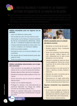 Prohibida
su
reproducción
42
6. HáBITOS SALUDABLES Y CUIDADOS DE LOS ÓRGANOS Y
SISTEMAS INTEGRANTES DE LA FUNCIÓN DE RELACIÓN
•	Para mantener una salud adecuada es necesario practicar hábitos de vida
sanos. A veces, desarrollamos conductas que, aunque a corto plazo no nos
damos cuenta, producen efectos muy nocivos sobre nuestro cuerpo y pue-
den llegar a ser motivo de enfermedades graves.
•	Estudia con atención algunas de las conductas que favorecen el cuidado
de los órganos y sistemas relacionados con la función de relación:
Hábitos saludables para los órganos de los
sentidos
•	 Leer a la distancia adecuada.
•	 No tocarse los ojos con las manos sucias.
•	 Evitar estar mucho tiempo mirando la panta-
lla de las computadoras, televisores, celula-
res, etc. Y mantener la distancia adecuada.
•	 Limpiar periódicamente los oídos, pero con
mucho cuidado y sin introducir objetos.
•	 Evitar los sonidos fuertes.
•	 Sonarse la nariz con la boca abierta y con
suavidad.
•	 No abusar de los medicamentos para des-
pejar la nariz.
•	 Evitar las sustancias picantes o abrasivas.
Hábitos saludables relacionados con el apa-
rato locomotor
•	 Para fortalecer el esqueleto es importante
beber leche y consumir productos lácteos.
•	 Realizar ejercicio físico de forma moderada.
•	 Mantener posturas adecuadas en todo mo-
mento.
•	 Dormir de forma que la columna vertebral
repose recta.
•	 Andar con la cabeza erguida.
•	 Proteger la cabeza y las articulaciones al
practicar deportes con riesgo de caídas
(montar en bicicleta, patinar, etc.).
•	 Utilizar un calzado adecuado y transportar
los objetos pesados manteniendo la espal-
da recta.
Hábitos saludables para el cuidado
del sistema nervioso
•	 Mantener un horario fijo de sueño.
•	 Realizar ejercicio físico moderado
con regularidad.
•	 Tener una actividad mental intensa.
Leer, estudiar, cultivar alguna afi-
ción, interesarse por lo que ocurre
alrededor y por los demás.
•	 Intentar no perder la calma en situa-
ciones peligrosas. Pensar las conse-
cuencias de los actos antes de lle-
varlos a cabo.
•	 Tratar de tener una vida social, fa-
miliar y afectiva amplia, flexible y
tolerante.
•	 Disfrutar de varios momentos de re-
lajación a lo largo del día.
•	 Descansar en un lugar adecuado,
libre de ruidos y que reúna las condi-
ciones necesarias para el descanso.
Algunas conductas muy perjudicia-
les son:
•	 El consumo de drogas: alcohol, ta-
baco, ciertas pastillas, etc. Todas es-
tas sustancias afectan al sistema ner-
vioso, sobre todo a los más jóvenes.
•	 Abusar de los medicamentos.
Del cuaderno de
actividades
p. 24
http://goo.gl/XJy0c1
 