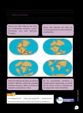 Prohibida
su
reproducción
81
Los movimientos de las placas provocan que los continentes situados sobre ellas
se muevan muy lentamente, unos pocos centímetros al año. Este fenómeno se
llama deriva continental.
Por este motivo, a lo largo de la historia de la Tierra la distribución de los
continentes y de los océanos ha ido variando hasta adoptar su aspecto actual.
Hace unos 250 millones de años
los continentes estaban juntos,
formando uno solo llamado
Pangea.
Hace 65 millones de años, se abrió el
océano Atlántico entre las actuales
América, Europa y África. La India se
empezó a aproximar a Asia.
Hace 180 millones de años se
inició la separación de los diversos
continentes.
En la actualidad, América y
Europa están separadas. La India
se ha unido a Asia y Australia se
ha separado de la Antártida.
En el siguiente link https://goo.gl/gYSZZP puede encon-
trar toda la información acerca de las placas litosféricas.
TIC
E
N
G
R
UPO
Y
T
A
M
B
IÉN
T
I
C
S
R
E
C
O
R
T
A
BLES
C
A
L
C
U
L
A
DORA
Del cuaderno de
actividades
p. 48
 
