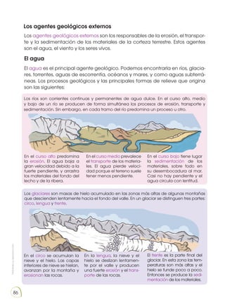 Prohibida
su
reproducción
86
Los agentes geológicos externos
Los agentes geológicos externos son los responsables de la erosión, el transpor-
te y la sedimentación de los materiales de la corteza terrestre. Estos agentes
son el agua, el viento y los seres vivos.
El agua
El agua es el principal agente geológico. Podemos encontrarla en ríos, glacia-
res, torrentes, aguas de escorrentía, océanos y mares, y como aguas subterrá-
neas. Los procesos geológicos y las principales formas de relieve que origina
son las siguientes:
Los ríos son corrientes continuas y permanentes de agua dulce. En el curso alto, medio
y bajo de un río se producen de forma simultánea los procesos de erosión, transporte y
sedimentación. Sin embargo, en cada tramo del río predomina un proceso u otro.
En el curso alto predomina
la erosión. El agua baja a
gran velocidad debido a la
fuerte pendiente, y arrastra
los materiales del fondo del
lecho y de la ribera.
En el circo se acumulan la
nieve y el hielo. Las capas
inferiores de nieve se hielan,
avanzan por la montaña y
erosionan las rocas.
En el curso medio prevalece
el transporte de los materia-
les. El agua pierde veloci-
dad porque el terreno suele
tener menos pendiente.
En la lengua, la nieve y el
hielo se deslizan lentamen-
te por el valle y producen
una fuerte erosión y el trans-
porte de las rocas.
En el curso bajo tiene lugar
la sedimentación de los
materiales, sobre todo en
su desembocadura al mar.
Casi no hay pendiente y el
agua circula con lentitud.
El frente es la parte final del
glaciar. En esta zona las tem-
peraturas son más altas y el
hielo se funde poco a poco.
Entonces se produce la sedi-
mentación de los materiales.
Los glaciares son masas de hielo acumulado en las zonas más altas de algunas montañas
que descienden lentamente hacia el fondo del valle. En un glaciar se distinguen tres partes:
circo, lengua y frente.
 