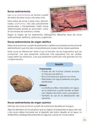 Prohibida
su
reproducción
95
Rocas sedimentarias
Las rocas sedimentarias se forman a partir
de restos de otras rocas o de seres vivos.
Estos restos de rocas o seres vivos, denomi-
nados sedimentos, han sido previamente
erosionados y transportados hasta zonas
determinadas donde se acumulan, como
en los fondos de océanos y mares.
Basalto
Propiedades
•	Puede ser de muchos colores aunque
lo más puro es blanco.
•	Roca formada por granos muy finos.
•	Mezclada con agua presenta una gran
plasticidad.
Utilidad
•	La arcilla se utiliza, mezclada con agua,
en la cerámica; a partir de ella, se fabri-
can objetos de barro, loza o porcelana.
•	También se usa en la elaboración del
cemento.
Según el origen de los sedimentos, distinguimos diferentes tipos de rocas
sedimentarias: detríticas, químicas y orgánicas.
Rocas sedimentarias de origen detrítico
Estas rocas se forman a partir de sedimentos o detritos acumulados en las zonas de
sedimentación que han sido compactados por el peso de las capas superiores.
Estas rocas se diferencian entre sí por el tamaño de los fragmentos que las
componen. Las que presentan partículas más pequeñas son las arcillas;
luego están las areniscas, y las que presentan partículas más grandes son los
conglomerados.
Rocas sedimentarias de origen químico
Este tipo de rocas se forma a partir de sustancias disueltas en el agua.
Algunos ejemplos son la sal gema que se origina al evaporarse el agua del mar,
y las rocas calizas formadas por el depósito del calcio disuelto en el agua. La
estalactitas y estalagmitas presentes en algunas cuevas son rocas calizas.
ht
tp
s:/
/g
oo
.g
l/l
SA
4x
L
https://
g
o
o
.
g
l
/
9
d
X
E
T
c
 