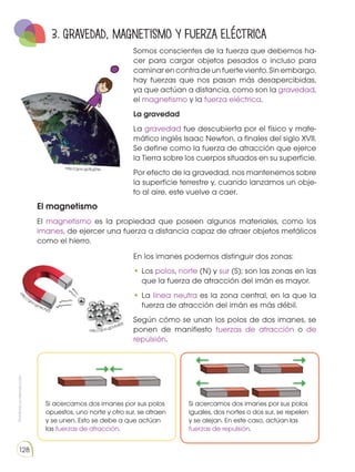 Prohibida
su
reproducción
128
Somos conscientes de la fuerza que debemos ha-
cer para cargar objetos pesados o incluso para
caminarencontradeunfuerteviento.Sinembargo,
hay fuerzas que nos pasan más desapercibidas,
ya que actúan a distancia, como son la gravedad,
el magnetismo y la fuerza eléctrica.
La gravedad
La gravedad fue descubierta por el físico y mate-
mático inglés Isaac Newton, a finales del siglo XVII.
Se define como la fuerza de atracción que ejerce
la Tierra sobre los cuerpos situados en su superficie.
Por efecto de la gravedad, nos mantenemos sobre
la superficie terrestre y, cuando lanzamos un obje-
to al aire, este vuelve a caer.
3. GRAVEDAD, MAGNETISMO Y FUERZA ELÉCTRICA
Si acercamos dos imanes por sus polos
opuestos, uno norte y otro sur, se atraen
y se unen. Esto se debe a que actúan
las fuerzas de atracción.
Si acercamos dos imanes por sus polos
iguales, dos nortes o dos sur, se repelen
y se alejan. En este caso, actúan las
fuerzas de repulsión.
El magnetismo
El magnetismo es la propiedad que poseen algunos materiales, como los
imanes, de ejercer una fuerza a distancia capaz de atraer objetos metálicos
como el hierro.
En los imanes podemos distinguir dos zonas:
•	Los polos, norte (N) y sur (S); son las zonas en las
que la fuerza de atracción del imán es mayor.
•	La línea neutra es la zona central, en la que la
fuerza de atracción del imán es más débil.
Según cómo se unan los polos de dos imanes, se
ponen de manifiesto fuerzas de atracción o de
repulsión.
http://goo.gl/8ujENh
http://goo.gl/iecNZS
http://goo.gl/Lrb405
 