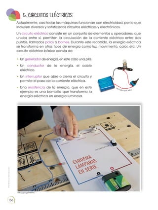 Prohibida
su
reproducción
136
Actualmente, casi todas las máquinas funcionan con electricidad, por lo que
incluyen diversos y sofisticados circuitos eléctricos y electrónicos.
Un circuito eléctrico consiste en un conjunto de elementos u operadores, que
unidos entre sí, permiten la circulación de la corriente eléctrica entre dos
puntos, llamados polos o bornes. Durante este recorrido, la energía eléctrica
se transforma en otros tipos de energía como luz, movimiento, calor, etc. Un
circuito eléctrico básico consta de:
5. CIRCUITOS ELÉCTRICOS
•	Un generador de energía, en este caso una pila.
•	Un conductor de la energía, el cable
eléctrico.
•	Un interruptor que abre o cierra el circuito y
permite el paso de la corriente eléctrica.
•	Una resistencia de la energía, que en este
ejemplo es una bombilla que transforma la
energía eléctrica en energía luminosa.
http://goo.gl/kOHBtw
http://goo.gl/hfWKHc
 