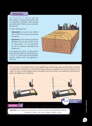 Prohibida
su
reproducción
83
Describan qué sucede en una erupción volcánica utilizando las siguientes palabras.
	 chimenea - cráter - cono - lava - gases - cenizas - rocas
Los terremotos o seísmos son las
sacudidas o vibraciones fuertes de
la superficie terrestre provocadas
por la tensión interna que soportan
las placas.
En ellos distinguimos:
•	 Hipocentro, la zona del interior
de la Tierra en la que se produce
el seísmo.
•	 Epicentro, la zona de la superficie
terrestre que se encuentra sobre
el hipocentro. En el epicentro
se da la máxima intensidad del
terremoto.
Si el terremoto tiene su hipocentro
bajoelfondodelmar,seproduceun
maremoto. Entonces, el movimiento
puede originar una ola gigante o
tsunami.
El sismógrafo es el instrumento que registra las vibraciones que se producen durante
un terremoto. Contiene un mecanismo que dibuja una gráfica de forma continua; si el
suelo no vibra, el sismógrafo traza una gráfica en línea recta; si se detectan vibraciones,
estas se reflejan en la gráfica.
http://goo.gl/n0QeQx
h
t
t
p
:
/
/
g
o
o
.
g
l
/
M
C
f
u
c
c
Ondas Sísmicas
Hipocentro
Epicentro
en grupo
E
N
G
R
UPO
Y
T
A
M
B
IÉN
T
I
C
S
R
E
C
O
R
T
A
BLES
C
A
L
C
U
L
A
DORA
Del cuaderno de
actividades
p. 49
Terremotos
 