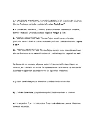 A = UNIVERSAL AFIRMATIVO. Término Sujeto tomado en su extensión universal;
término Predicado particular; cualidad afirmativa. Todo S es P.
E = UNIVERSAL NEGATIVO. Término Sujeto tomado en su extensión universal;
término Predicado universal; cualidad negativa. Ningún S es P.
I = PARTICULAR AFIRMATIVO. Término Sujeto tomado en su extensión
particular; término Predicado en su extensión particular; cualidad afirmativa. Algún
S es P.
O = PARTICULAR NEGATIVO. Término Sujeto tomado en su extensión particular;
término Predicado en su extensión universal; cualidad negativa. Algún S no es P.
Se llaman juicios opuestos a los que teniendo los mismos términos difieren en
cantidad, en cualidad o en ambas. Se representan en cada uno de los vértices del
cuadrado de oposición, estableciéndose las siguientes relaciones:
A y E son contrarios porque difieren en cualidad siendo universales.
I y O son su contrarios, porque siendo particulares difieren en la cualidad.
A con respecto a O, e I con respecto a E son contradictorios, porque difieren en
cantidad y cualidad.
 