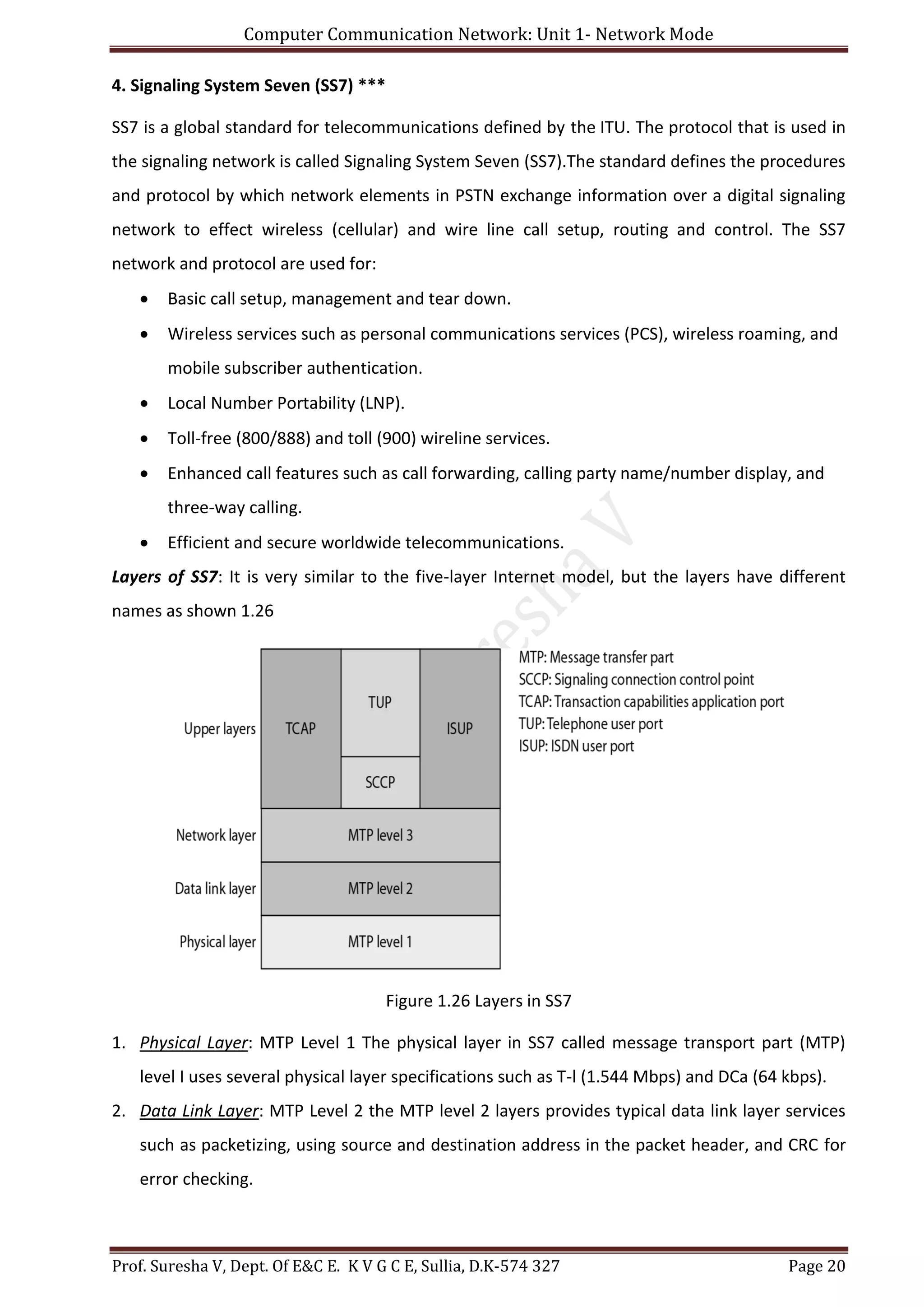 Computer Communication Network: Unit 1- Network Mode
Prof. Suresha V, Dept. Of E&C E. K V G C E, Sullia, D.K-574 327 Page 20
4. Signaling System Seven (SS7) ***
SS7 is a global standard for telecommunications defined by the ITU. The protocol that is used in
the signaling network is called Signaling System Seven (SS7).The standard defines the procedures
and protocol by which network elements in PSTN exchange information over a digital signaling
network to effect wireless (cellular) and wire line call setup, routing and control. The SS7
network and protocol are used for:
 Basic call setup, management and tear down.
 Wireless services such as personal communications services (PCS), wireless roaming, and
mobile subscriber authentication.
 Local Number Portability (LNP).
 Toll-free (800/888) and toll (900) wireline services.
 Enhanced call features such as call forwarding, calling party name/number display, and
three-way calling.
 Efficient and secure worldwide telecommunications.
Layers of SS7: It is very similar to the five-layer Internet model, but the layers have different
names as shown 1.26
Figure 1.26 Layers in SS7
1. Physical Layer: MTP Level 1 The physical layer in SS7 called message transport part (MTP)
level I uses several physical layer specifications such as T-l (1.544 Mbps) and DCa (64 kbps).
2. Data Link Layer: MTP Level 2 the MTP level 2 layers provides typical data link layer services
such as packetizing, using source and destination address in the packet header, and CRC for
error checking.
 