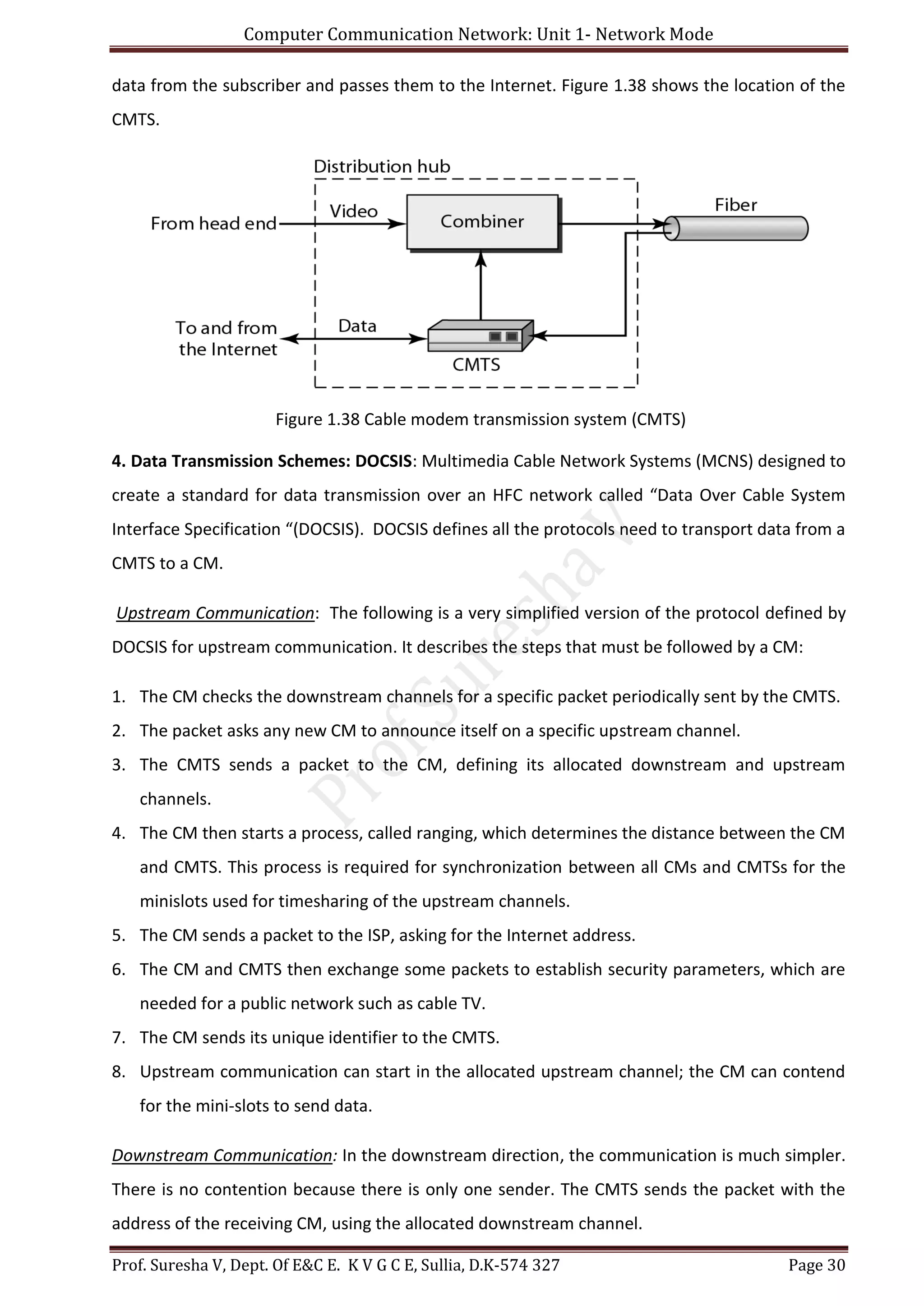 Computer Communication Network: Unit 1- Network Mode
Prof. Suresha V, Dept. Of E&C E. K V G C E, Sullia, D.K-574 327 Page 30
data from the subscriber and passes them to the Internet. Figure 1.38 shows the location of the
CMTS.
Figure 1.38 Cable modem transmission system (CMTS)
4. Data Transmission Schemes: DOCSIS: Multimedia Cable Network Systems (MCNS) designed to
create a standard for data transmission over an HFC network called “Data Over Cable System
Interface Specification “(DOCSIS). DOCSIS defines all the protocols need to transport data from a
CMTS to a CM.
Upstream Communication: The following is a very simplified version of the protocol defined by
DOCSIS for upstream communication. It describes the steps that must be followed by a CM:
1. The CM checks the downstream channels for a specific packet periodically sent by the CMTS.
2. The packet asks any new CM to announce itself on a specific upstream channel.
3. The CMTS sends a packet to the CM, defining its allocated downstream and upstream
channels.
4. The CM then starts a process, called ranging, which determines the distance between the CM
and CMTS. This process is required for synchronization between all CMs and CMTSs for the
minislots used for timesharing of the upstream channels.
5. The CM sends a packet to the ISP, asking for the Internet address.
6. The CM and CMTS then exchange some packets to establish security parameters, which are
needed for a public network such as cable TV.
7. The CM sends its unique identifier to the CMTS.
8. Upstream communication can start in the allocated upstream channel; the CM can contend
for the mini-slots to send data.
Downstream Communication: In the downstream direction, the communication is much simpler.
There is no contention because there is only one sender. The CMTS sends the packet with the
address of the receiving CM, using the allocated downstream channel.
 