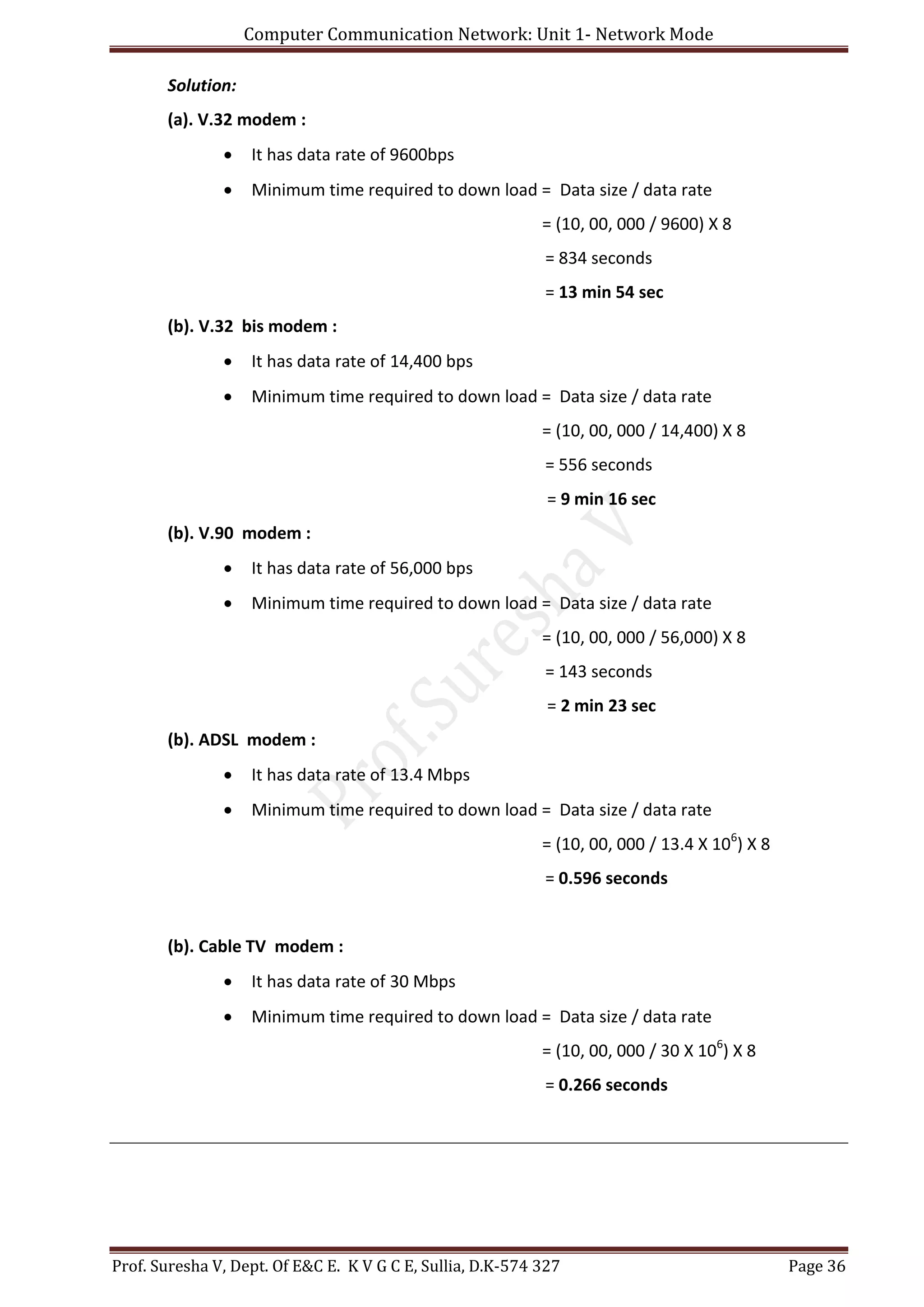 Computer Communication Network: Unit 1- Network Mode
Prof. Suresha V, Dept. Of E&C E. K V G C E, Sullia, D.K-574 327 Page 36
Solution:
(a). V.32 modem :
 It has data rate of 9600bps
 Minimum time required to down load = Data size / data rate
= (10, 00, 000 / 9600) Χ 8
= 834 seconds
= 13 min 54 sec
(b). V.32 bis modem :
 It has data rate of 14,400 bps
 Minimum time required to down load = Data size / data rate
= (10, 00, 000 / 14,400) Χ 8
= 556 seconds
= 9 min 16 sec
(b). V.90 modem :
 It has data rate of 56,000 bps
 Minimum time required to down load = Data size / data rate
= (10, 00, 000 / 56,000) Χ 8
= 143 seconds
= 2 min 23 sec
(b). ADSL modem :
 It has data rate of 13.4 Mbps
 Minimum time required to down load = Data size / data rate
= (10, 00, 000 / 13.4 Χ 106
) Χ 8
= 0.596 seconds
(b). Cable TV modem :
 It has data rate of 30 Mbps
 Minimum time required to down load = Data size / data rate
= (10, 00, 000 / 30 Χ 106
) Χ 8
= 0.266 seconds
 