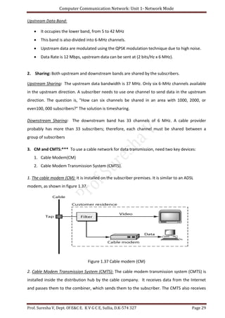 Computer Communication Network: Unit 1- Network Mode
Prof. Suresha V, Dept. Of E&C E. K V G C E, Sullia, D.K-574 327 Page 29
Upstream Data Band:
 It occupies the lower band, from 5 to 42 MHz
 This band is also divided into 6-MHz channels.
 Upstream data are modulated using the QPSK modulation technique due to high noise.
 Data Rate is 12 Mbps, upstream data can be sent at (2 bits/Hz x 6 MHz).
2. Sharing: Both upstream and downstream bands are shared by the subscribers.
Upstream Sharing: The upstream data bandwidth is 37 MHz. Only six 6-MHz channels available
in the upstream direction. A subscriber needs to use one channel to send data in the upstream
direction. The question is, "How can six channels be shared in an area with 1000, 2000, or
even100, 000 subscribers?" The solution is timesharing.
Downstream Sharing: The downstream band has 33 channels of 6 MHz. A cable provider
probably has more than 33 subscribers; therefore, each channel must be shared between a
group of subscribers
3. CM and CMTS:*** To use a cable network for data transmission, need two key devices:
1. Cable Modem(CM)
2. Cable Modem Transmission System (CMTS).
1. The cable modem (CM): It is installed on the subscriber premises. It is similar to an ADSL
modem, as shown in figure 1.37.
Figure 1.37 Cable modem (CM)
2. Cable Modem Transmission System (CMTS): The cable modem transmission system (CMTS) is
installed inside the distribution hub by the cable company. It receives data from the Internet
and passes them to the combiner, which sends them to the subscriber. The CMTS also receives
 