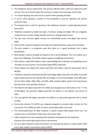 Computer Communication Network: Unit 1- Network Mode
Prof. Suresha V, Dept. Of E&C E. K V G C E, Sullia, D.K-574 327 Page 32
 The Telephone service called LATAs. The services offered inside a LATA are called intra-LATA
services. The carrier that handles these services is called a local exchange carrier (LEC).
 In in-band signaling, the same circuit is used for both signaling and data.
 In out-of- band signaling, a portion of the bandwidth is used for signaling and another
portion for data.
 The protocol that is used for signaling in the telephone network is called Signaling System
Seven (SS7).
 Telephone companies provide two types of services: analog and digital. We can categorize
analog services as either analog switched services or analog leased services.
 The two most common digital services are switched/56 service and digital data Service
(DDS).
 Data transfer using the telephone local loop was traditionally done using a dial-up modem.
 The term modem is a composite word that refers to: a signal modulator and a signal
demodulator.
 Most popular modems available are based on the V-series standards. The V.32 modem has a
data rate of 9600 bps. The V32bis modem supports 14,400-bps transmission.
 V90 modems, called 56K modems, with a downloading rate of 56 kbps and uploading rate of
33.6 kbps are very common. The standard above V90 is called V92.
 These modems can adjust their speed, and if the noise allows, they can upload data rate of
48 kbps.
 Telephone companies developed another technology, digital subscriber line (DSL), to provide
higher-speed access to the Internet. DSL technology is a set of technologies, each differing in
the first letter (ADSL, VDSL, HDSL, and SDSL. ADSL provides higher speed in the downstream
direction than in the upstream direction
 The high-bit rate digital subscriber line (HDSL) was designed as an alternative to the T-l line
(1.544 Mbps). The symmetric digital subscriber line (SDSL) is a one twisted- pair version of
HDSL.
 The very high-bit-rate digital subscriber line (VDSL) is an alternative approach that is similar
to ADSL.
 Community antenna TV (CATV) was originally designed to provide video services for the
community. The traditional cable TV system used coaxial cable end to end.
 The second generation of cable networks is called a hybrid fiber-coaxial (HFC) n/w. The
network uses a combination of fiber-optic and coaxial cable.
 Cable companies are now competing with telephone companies for the residential
Customer who wants high-speed access to the Internet.
 To use a cable network for data transmission, we need two key devices: a cable modem (CM)
and a cable modem transmission system (CMTS).
 