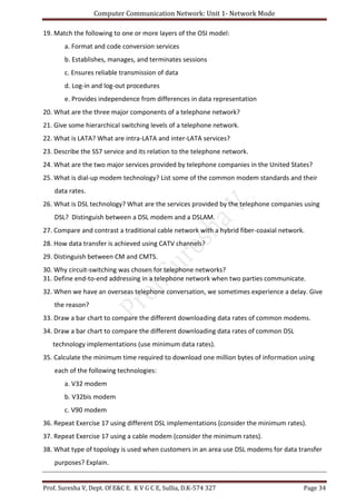 Computer Communication Network: Unit 1- Network Mode
Prof. Suresha V, Dept. Of E&C E. K V G C E, Sullia, D.K-574 327 Page 34
19. Match the following to one or more layers of the OSI model:
a. Format and code conversion services
b. Establishes, manages, and terminates sessions
c. Ensures reliable transmission of data
d. Log-in and log-out procedures
e. Provides independence from differences in data representation
20. What are the three major components of a telephone network?
21. Give some hierarchical switching levels of a telephone network.
22. What is LATA? What are intra-LATA and inter-LATA services?
23. Describe the SS7 service and its relation to the telephone network.
24. What are the two major services provided by telephone companies in the United States?
25. What is dial-up modem technology? List some of the common modem standards and their
data rates.
26. What is DSL technology? What are the services provided by the telephone companies using
DSL? Distinguish between a DSL modem and a DSLAM.
27. Compare and contrast a traditional cable network with a hybrid fiber-coaxial network.
28. How data transfer is achieved using CATV channels?
29. Distinguish between CM and CMTS.
30. Why circuit-switching was chosen for telephone networks?
31. Define end-to-end addressing in a telephone network when two parties communicate.
32. When we have an overseas telephone conversation, we sometimes experience a delay. Give
the reason?
33. Draw a bar chart to compare the different downloading data rates of common modems.
34. Draw a bar chart to compare the different downloading data rates of common DSL
technology implementations (use minimum data rates).
35. Calculate the minimum time required to download one million bytes of information using
each of the following technologies:
a. V32 modem
b. V32bis modem
c. V90 modem
36. Repeat Exercise 17 using different DSL implementations (consider the minimum rates).
37. Repeat Exercise 17 using a cable modem (consider the minimum rates).
38. What type of topology is used when customers in an area use DSL modems for data transfer
purposes? Explain.
 