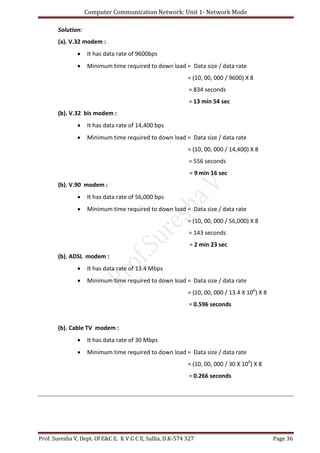 Computer Communication Network: Unit 1- Network Mode
Prof. Suresha V, Dept. Of E&C E. K V G C E, Sullia, D.K-574 327 Page 36
Solution:
(a). V.32 modem :
 It has data rate of 9600bps
 Minimum time required to down load = Data size / data rate
= (10, 00, 000 / 9600) Χ 8
= 834 seconds
= 13 min 54 sec
(b). V.32 bis modem :
 It has data rate of 14,400 bps
 Minimum time required to down load = Data size / data rate
= (10, 00, 000 / 14,400) Χ 8
= 556 seconds
= 9 min 16 sec
(b). V.90 modem :
 It has data rate of 56,000 bps
 Minimum time required to down load = Data size / data rate
= (10, 00, 000 / 56,000) Χ 8
= 143 seconds
= 2 min 23 sec
(b). ADSL modem :
 It has data rate of 13.4 Mbps
 Minimum time required to down load = Data size / data rate
= (10, 00, 000 / 13.4 Χ 106
) Χ 8
= 0.596 seconds
(b). Cable TV modem :
 It has data rate of 30 Mbps
 Minimum time required to down load = Data size / data rate
= (10, 00, 000 / 30 Χ 106
) Χ 8
= 0.266 seconds
 