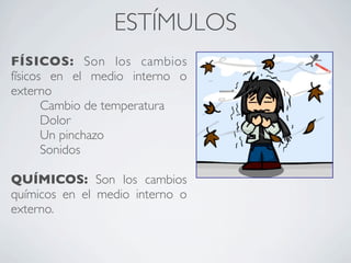 ESTÍMULOS
FÍSICOS: Son los cambios
físicos en el medio interno o
externo
       Cambio de temperatura
       Dolor
       Un pinchazo
       Sonidos

QUÍMICOS: Son los cambios
químicos en el medio interno o
externo.
 