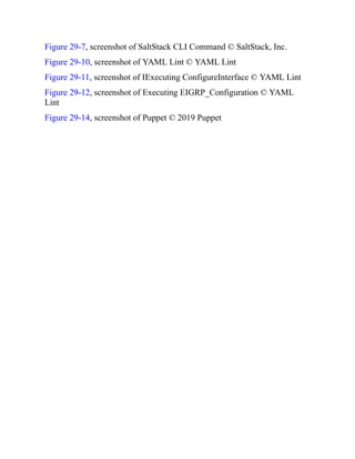Figure 29-7, screenshot of SaltStack CLI Command © SaltStack, Inc.
Figure 29-10, screenshot of YAML Lint © YAML Lint
Figure 29-11, screenshot of IExecuting ConfigureInterface © YAML Lint
Figure 29-12, screenshot of Executing EIGRP_Configuration © YAML
Lint
Figure 29-14, screenshot of Puppet © 2019 Puppet
 