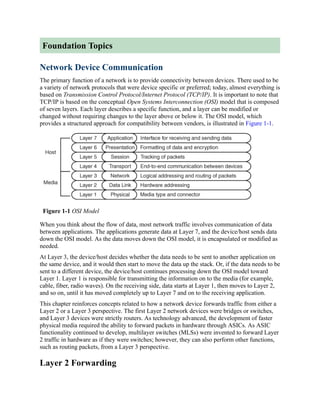 Foundation Topics
Network Device Communication
The primary function of a network is to provide connectivity between devices. There used to be
a variety of network protocols that were device specific or preferred; today, almost everything is
based on Transmission Control Protocol/Internet Protocol (TCP/IP). It is important to note that
TCP/IP is based on the conceptual Open Systems Interconnection (OSI) model that is composed
of seven layers. Each layer describes a specific function, and a layer can be modified or
changed without requiring changes to the layer above or below it. The OSI model, which
provides a structured approach for compatibility between vendors, is illustrated in Figure 1-1.
Figure 1-1 OSI Model
When you think about the flow of data, most network traffic involves communication of data
between applications. The applications generate data at Layer 7, and the device/host sends data
down the OSI model. As the data moves down the OSI model, it is encapsulated or modified as
needed.
At Layer 3, the device/host decides whether the data needs to be sent to another application on
the same device, and it would then start to move the data up the stack. Or, if the data needs to be
sent to a different device, the device/host continues processing down the OSI model toward
Layer 1. Layer 1 is responsible for transmitting the information on to the media (for example,
cable, fiber, radio waves). On the receiving side, data starts at Layer 1, then moves to Layer 2,
and so on, until it has moved completely up to Layer 7 and on to the receiving application.
This chapter reinforces concepts related to how a network device forwards traffic from either a
Layer 2 or a Layer 3 perspective. The first Layer 2 network devices were bridges or switches,
and Layer 3 devices were strictly routers. As technology advanced, the development of faster
physical media required the ability to forward packets in hardware through ASICs. As ASIC
functionality continued to develop, multilayer switches (MLSs) were invented to forward Layer
2 traffic in hardware as if they were switches; however, they can also perform other functions,
such as routing packets, from a Layer 3 perspective.
Layer 2 Forwarding
 