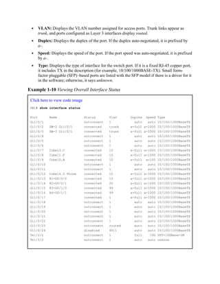 VLAN: Displays the VLAN number assigned for access ports. Trunk links appear as
trunk, and ports configured as Layer 3 interfaces display routed.
Duplex: Displays the duplex of the port. If the duplex auto-negotiated, it is prefixed by
a-.
Speed: Displays the speed of the port. If the port speed was auto-negotiated, it is prefixed
by a-.
Type: Displays the type of interface for the switch port. If it is a fixed RJ-45 copper port,
it includes TX in the description (for example, 10/100/1000BASE-TX). Small form-
factor pluggable (SFP)–based ports are listed with the SFP model if there is a driver for it
in the software; otherwise, it says unknown.
Example 1-10 Viewing Overall Interface Status
Click here to view code image
SW1# show interface status
Port Name Status Vlan Duplex Speed Type
Gi1/0/1 notconnect 1 auto auto 10/100/1000BaseTX
Gi1/0/2 SW-2 Gi1/0/1 connected trunk a-full a-1000 10/100/1000BaseTX
Gi1/0/3 SW-3 Gi1/0/1 connected trunk a-full a-1000 10/100/1000BaseTX
Gi1/0/4 notconnect 1 auto auto 10/100/1000BaseTX
Gi1/0/5 notconnect 1 auto auto 10/100/1000BaseTX
Gi1/0/6 notconnect 1 auto auto 10/100/1000BaseTX
Gi1/0/7 Cube13.C connected 10 a-full a-1000 10/100/1000BaseTX
Gi1/0/8 Cube11.F connected 10 a-full a-1000 10/100/1000BaseTX
Gi1/0/9 Cube10.A connected 10 a-full a-100 10/100/1000BaseTX
Gi1/0/10 notconnect 1 auto auto 10/100/1000BaseTX
Gi1/0/11 notconnect 1 auto auto 10/100/1000BaseTX
Gi1/0/12 Cube14.D Phone connected 10 a-full a-1000 10/100/1000BaseTX
Gi1/0/13 R1-G0/0/0 connected 10 a-full a-1000 10/100/1000BaseTX
Gi1/0/14 R2-G0/0/1 connected 20 a-full a-1000 10/100/1000BaseTX
Gi1/0/15 R3-G0/1/0 connected 99 a-full a-1000 10/100/1000BaseTX
Gi1/0/16 R4-G0/1/1 connected 99 a-full a-1000 10/100/1000BaseTX
Gi1/0/17 connected 1 a-full a-1000 10/100/1000BaseTX
Gi1/0/18 notconnect 1 auto auto 10/100/1000BaseTX
Gi1/0/19 notconnect 1 auto auto 10/100/1000BaseTX
Gi1/0/20 notconnect 1 auto auto 10/100/1000BaseTX
Gi1/0/21 notconnect 1 auto auto 10/100/1000BaseTX
Gi1/0/22 notconnect 1 auto auto 10/100/1000BaseTX
Gi1/0/23 notconnect routed auto auto 10/100/1000BaseTX
Gi1/0/24 disabled 4011 auto auto 10/100/1000BaseTX
Te1/1/1 notconnect 1 full 10G SFP-10GBase-SR
Te1/1/2 notconnect 1 auto auto unknow
 