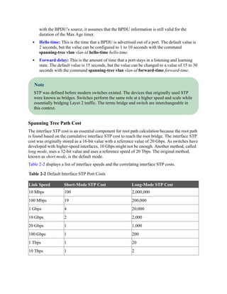 with the BPDU’s source, it assumes that the BPDU information is still valid for the
duration of the Max Age timer.
Hello time: This is the time that a BPDU is advertised out of a port. The default value is
2 seconds, but the value can be configured to 1 to 10 seconds with the command
spanning-tree vlan vlan-id hello-time hello-time.
Forward delay: This is the amount of time that a port stays in a listening and learning
state. The default value is 15 seconds, but the value can be changed to a value of 15 to 30
seconds with the command spanning-tree vlan vlan-id forward-time forward-time.
Note
STP was defined before modern switches existed. The devices that originally used STP
were known as bridges. Switches perform the same role at a higher speed and scale while
essentially bridging Layer 2 traffic. The terms bridge and switch are interchangeable in
this context.
Spanning Tree Path Cost
The interface STP cost is an essential component for root path calculation because the root path
is found based on the cumulative interface STP cost to reach the root bridge. The interface STP
cost was originally stored as a 16-bit value with a reference value of 20 Gbps. As switches have
developed with higher-speed interfaces, 10 Gbps might not be enough. Another method, called
long mode, uses a 32-bit value and uses a reference speed of 20 Tbps. The original method,
known as short mode, is the default mode.
Table 2-2 displays a list of interface speeds and the correlating interface STP costs.
Table 2-2 Default Interface STP Port Costs
Link Speed Short-Mode STP Cost Long-Mode STP Cost
10 Mbps 100 2,000,000
100 Mbps 19 200,000
1 Gbps 4 20,000
10 Gbps 2 2,000
20 Gbps 1 1,000
100 Gbps 1 200
1 Tbps 1 20
10 Tbps 1 2
 