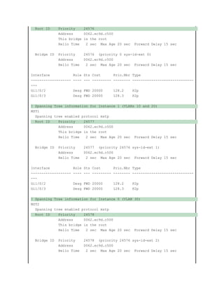 Root ID Priority 24576
Address 0062.ec9d.c500
This bridge is the root
Hello Time 2 sec Max Age 20 sec Forward Delay 15 sec
Bridge ID Priority 24576 (priority 0 sys-id-ext 0)
Address 0062.ec9d.c500
Hello Time 2 sec Max Age 20 sec Forward Delay 15 sec
Interface Role Sts Cost Prio.Nbr Type
------------------- ---- --- --------- -------- -----------------------------
---
Gi1/0/2 Desg FWD 20000 128.2 P2p
Gi1/0/3 Desg FWD 20000 128.3 P2p
! Spanning Tree information for Instance 1 (VLANs 10 and 20)
MST1
Spanning tree enabled protocol mstp
Root ID Priority 24577
Address 0062.ec9d.c500
This bridge is the root
Hello Time 2 sec Max Age 20 sec Forward Delay 15 sec
Bridge ID Priority 24577 (priority 24576 sys-id-ext 1)
Address 0062.ec9d.c500
Hello Time 2 sec Max Age 20 sec Forward Delay 15 sec
Interface Role Sts Cost Prio.Nbr Type
------------------- ---- --- --------- -------- -----------------------------
---
Gi1/0/2 Desg FWD 20000 128.2 P2p
Gi1/0/3 Desg FWD 20000 128.3 P2p
! Spanning Tree information for Instance 0 (VLAN 30)
MST2
Spanning tree enabled protocol mstp
Root ID Priority 24578
Address 0062.ec9d.c500
This bridge is the root
Hello Time 2 sec Max Age 20 sec Forward Delay 15 sec
Bridge ID Priority 24578 (priority 24576 sys-id-ext 2)
Address 0062.ec9d.c500
Hello Time 2 sec Max Age 20 sec Forward Delay 15 sec
 