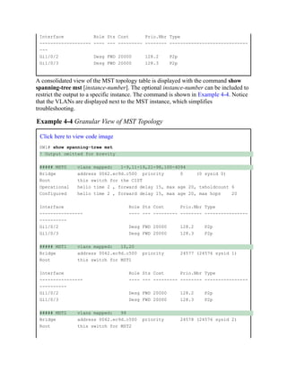 Interface Role Sts Cost Prio.Nbr Type
------------------- ---- --- --------- -------- -----------------------------
---
Gi1/0/2 Desg FWD 20000 128.2 P2p
Gi1/0/3 Desg FWD 20000 128.3 P2p
A consolidated view of the MST topology table is displayed with the command show
spanning-tree mst [instance-number]. The optional instance-number can be included to
restrict the output to a specific instance. The command is shown in Example 4-4. Notice
that the VLANs are displayed next to the MST instance, which simplifies
troubleshooting.
Example 4-4 Granular View of MST Topology
Click here to view code image
SW1# show spanning-tree mst
! Output omitted for brevity
##### MST0 vlans mapped: 1-9,11-19,21-98,100-4094
Bridge address 0062.ec9d.c500 priority 0 (0 sysid 0)
Root this switch for the CIST
Operational hello time 2 , forward delay 15, max age 20, txholdcount 6
Configured hello time 2 , forward delay 15, max age 20, max hops 20
Interface Role Sts Cost Prio.Nbr Type
---------------- ---- --- --------- -------- ----------------
----------
Gi1/0/2 Desg FWD 20000 128.2 P2p
Gi1/0/3 Desg FWD 20000 128.3 P2p
##### MST1 vlans mapped: 10,20
Bridge address 0062.ec9d.c500 priority 24577 (24576 sysid 1)
Root this switch for MST1
Interface Role Sts Cost Prio.Nbr Type
---------------- ---- --- --------- -------- ----------------
----------
Gi1/0/2 Desg FWD 20000 128.2 P2p
Gi1/0/3 Desg FWD 20000 128.3 P2p
##### MST2 vlans mapped: 99
Bridge address 0062.ec9d.c500 priority 24578 (24576 sysid 2)
Root this switch for MST2
 