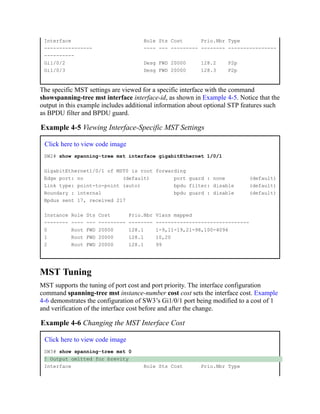 Interface Role Sts Cost Prio.Nbr Type
---------------- ---- --- --------- -------- ----------------
----------
Gi1/0/2 Desg FWD 20000 128.2 P2p
Gi1/0/3 Desg FWD 20000 128.3 P2p
The specific MST settings are viewed for a specific interface with the command
showspanning-tree mst interface interface-id, as shown in Example 4-5. Notice that the
output in this example includes additional information about optional STP features such
as BPDU filter and BPDU guard.
Example 4-5 Viewing Interface-Specific MST Settings
Click here to view code image
SW2# show spanning-tree mst interface gigabitEthernet 1/0/1
GigabitEthernet1/0/1 of MST0 is root forwarding
Edge port: no (default) port guard : none (default)
Link type: point-to-point (auto) bpdu filter: disable (default)
Boundary : internal bpdu guard : disable (default)
Bpdus sent 17, received 217
Instance Role Sts Cost Prio.Nbr Vlans mapped
-------- ---- --- --------- -------- -------------------------------
0 Root FWD 20000 128.1 1-9,11-19,21-98,100-4094
1 Root FWD 20000 128.1 10,20
2 Root FWD 20000 128.1 99
MST Tuning
MST supports the tuning of port cost and port priority. The interface configuration
command spanning-tree mst instance-number cost cost sets the interface cost. Example
4-6 demonstrates the configuration of SW3’s Gi1/0/1 port being modified to a cost of 1
and verification of the interface cost before and after the change.
Example 4-6 Changing the MST Interface Cost
Click here to view code image
SW3# show spanning-tree mst 0
! Output omitted for brevity
Interface Role Sts Cost Prio.Nbr Type
 