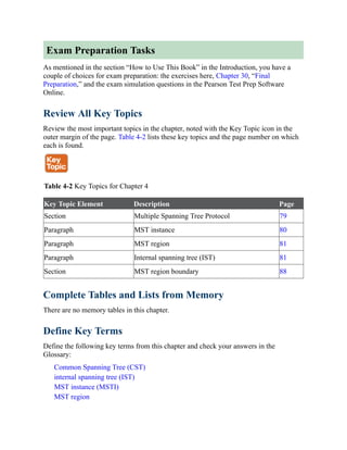 Exam Preparation Tasks
As mentioned in the section “How to Use This Book” in the Introduction, you have a
couple of choices for exam preparation: the exercises here, Chapter 30, “Final
Preparation,” and the exam simulation questions in the Pearson Test Prep Software
Online.
Review All Key Topics
Review the most important topics in the chapter, noted with the Key Topic icon in the
outer margin of the page. Table 4-2 lists these key topics and the page number on which
each is found.
Table 4-2 Key Topics for Chapter 4
Key Topic Element Description Page
Section Multiple Spanning Tree Protocol 79
Paragraph MST instance 80
Paragraph MST region 81
Paragraph Internal spanning tree (IST) 81
Section MST region boundary 88
Complete Tables and Lists from Memory
There are no memory tables in this chapter.
Define Key Terms
Define the following key terms from this chapter and check your answers in the
Glossary:
Common Spanning Tree (CST)
internal spanning tree (IST)
MST instance (MSTI)
MST region
 