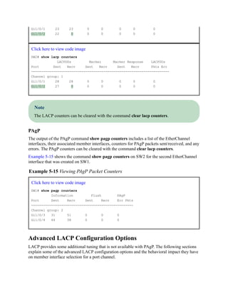 Gi1/0/1 23 23 0 0 0 0 0
Gi1/0/2 22 0 0 0 0 0 0
Click here to view code image
SW2# show lacp counters
LACPDUs Marker Marker Response LACPDUs
Port Sent Recv Sent Recv Sent Recv Pkts Err
---------------------------------------------------------------------
Channel group: 1
Gi1/0/1 28 28 0 0 0 0 0
Gi1/0/2 27 0 0 0 0 0 0
Note
The LACP counters can be cleared with the command clear lacp counters.
PAgP
The output of the PAgP command show pagp counters includes a list of the EtherChannel
interfaces, their associated member interfaces, counters for PAgP packets sent/received, and any
errors. The PAgP counters can be cleared with the command clear lacp counters.
Example 5-15 shows the command show pagp counters on SW2 for the second EtherChannel
interface that was created on SW1.
Example 5-15 Viewing PAgP Packet Counters
Click here to view code image
SW1# show pagp counters
Information Flush PAgP
Port Sent Recv Sent Recv Err Pkts
---------------------------------------------------
Channel group: 2
Gi1/0/3 31 51 0 0 0
Gi1/0/4 44 38 0 0 0
Advanced LACP Configuration Options
LACP provides some additional tuning that is not available with PAgP. The following sections
explain some of the advanced LACP configuration options and the behavioral impact they have
on member interface selection for a port channel.
 