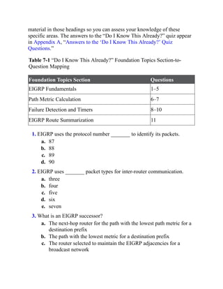 material in those headings so you can assess your knowledge of these
specific areas. The answers to the “Do I Know This Already?” quiz appear
in Appendix A, “Answers to the ‘Do I Know This Already?’ Quiz
Questions.”
Table 7-1 “Do I Know This Already?” Foundation Topics Section-to-
Question Mapping
Foundation Topics Section Questions
EIGRP Fundamentals 1–5
Path Metric Calculation 6–7
Failure Detection and Timers 8–10
EIGRP Route Summarization 11
1. EIGRP uses the protocol number _______ to identify its packets.
a. 87
b. 88
c. 89
d. 90
2. EIGRP uses _______ packet types for inter-router communication.
a. three
b. four
c. five
d. six
e. seven
3. What is an EIGRP successor?
a. The next-hop router for the path with the lowest path metric for a
destination prefix
b. The path with the lowest metric for a destination prefix
c. The router selected to maintain the EIGRP adjacencies for a
broadcast network
 