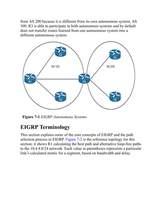 from AS 200 because it is different from its own autonomous system, AS
100. R3 is able to participate in both autonomous systems and by default
does not transfer routes learned from one autonomous system into a
different autonomous system.
Figure 7-1 EIGRP Autonomous Systems
EIGRP Terminology
This section explains some of the core concepts of EIGRP and the path
selection process in EIGRP. Figure 7-2 is the reference topology for this
section; it shows R1 calculating the best path and alternative loop-free paths
to the 10.4.4.0/24 network. Each value in parentheses represents a particular
link’s calculated metric for a segment, based on bandwidth and delay.
 