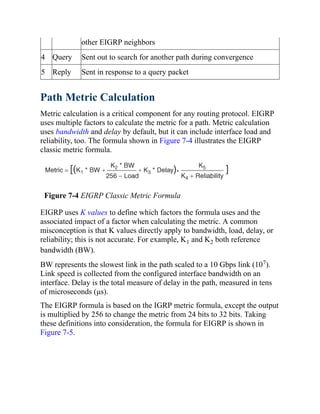 other EIGRP neighbors
4 Query Sent out to search for another path during convergence
5 Reply Sent in response to a query packet
Path Metric Calculation
Metric calculation is a critical component for any routing protocol. EIGRP
uses multiple factors to calculate the metric for a path. Metric calculation
uses bandwidth and delay by default, but it can include interface load and
reliability, too. The formula shown in Figure 7-4 illustrates the EIGRP
classic metric formula.
Figure 7-4 EIGRP Classic Metric Formula
EIGRP uses K values to define which factors the formula uses and the
associated impact of a factor when calculating the metric. A common
misconception is that K values directly apply to bandwidth, load, delay, or
reliability; this is not accurate. For example, K1 and K2 both reference
bandwidth (BW).
BW represents the slowest link in the path scaled to a 10 Gbps link (107).
Link speed is collected from the configured interface bandwidth on an
interface. Delay is the total measure of delay in the path, measured in tens
of microseconds (μs).
The EIGRP formula is based on the IGRP metric formula, except the output
is multiplied by 256 to change the metric from 24 bits to 32 bits. Taking
these definitions into consideration, the formula for EIGRP is shown in
Figure 7-5.
 