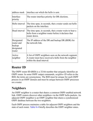 address mask interface out which the hello is sent.
Interface
priority
The router interface priority for DR elections.
Hello interval The time span, in seconds, that a router sends out hello
packets on the interface.
Dead interval The time span, in seconds, that a router waits to hear a
hello from a neighbor router before it declares that
router down.
Designated
router and
backup
designated
router
The IP address of the DR and backup DR (BDR) for
the network link.
Active
neighbor
A list of OSPF neighbors seen on the network segment.
A router must have received a hello from the neighbor
within the dead interval.
Router ID
The OSPF router ID (RID) is a 32-bit number that uniquely identifies an
OSPF router. In some OSPF output commands, neighbor ID refers to the
RID; the terms are synonymous. The RID must be unique for each OSPF
process in an OSPF domain and must be unique between OSPF processes
on a router.
Neighbors
An OSPF neighbor is a router that shares a common OSPF-enabled network
link. OSPF routers discover other neighbors via the OSPF hello packets. An
adjacent OSPF neighbor is an OSPF neighbor that shares a synchronized
OSPF database between the two neighbors.
Each OSPF process maintains a table for adjacent OSPF neighbors and the
state of each router. Table 8-4 briefly describes the OSPF neighbor states.
 