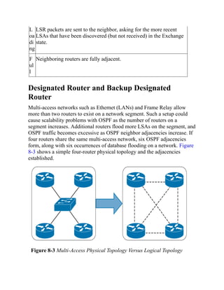 L
oa
di
ng
LSR packets are sent to the neighbor, asking for the more recent
LSAs that have been discovered (but not received) in the Exchange
state.
F
ul
l
Neighboring routers are fully adjacent.
Designated Router and Backup Designated
Router
Multi-access networks such as Ethernet (LANs) and Frame Relay allow
more than two routers to exist on a network segment. Such a setup could
cause scalability problems with OSPF as the number of routers on a
segment increases. Additional routers flood more LSAs on the segment, and
OSPF traffic becomes excessive as OSPF neighbor adjacencies increase. If
four routers share the same multi-access network, six OSPF adjacencies
form, along with six occurrences of database flooding on a network. Figure
8-3 shows a simple four-router physical topology and the adjacencies
established.
Figure 8-3 Multi-Access Physical Topology Versus Logical Topology
 