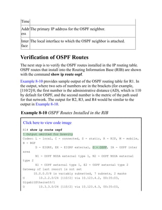 Time
Addr
ess
The primary IP address for the OSPF neighbor.
Inter
face
The local interface to which the OSPF neighbor is attached.
Verification of OSPF Routes
The next step is to verify the OSPF routes installed in the IP routing table.
OSPF routes that install into the Routing Information Base (RIB) are shown
with the command show ip route ospf.
Example 8-10 provides sample output of the OSPF routing table for R1. In
the output, where two sets of numbers are in the brackets (for example,
[110/2]/0, the first number is the administrative distance (AD), which is 110
by default for OSPF, and the second number is the metric of the path used
for that network. The output for R2, R3, and R4 would be similar to the
output in Example 8-10.
Example 8-10 OSPF Routes Installed in the RIB
Click here to view code image
R1# show ip route ospf
! Output omitted for brevity
Codes: L - local, C - connected, S - static, R - RIP, M - mobile,
B - BGP
D - EIGRP, EX - EIGRP external, O - OSPF, IA - OSPF inter
area
N1 - OSPF NSSA external type 1, N2 - OSPF NSSA external
type 2
E1 - OSPF external type 1, E2 - OSPF external type 2
Gateway of last resort is not set
10.0.0.0/8 is variably subnetted, 7 subnets, 2 masks
O 10.2.2.0/24 [110/2] via 10.123.4.2, 00:35:03,
GigabitEthernet0/1
O 10.3.3.0/24 [110/2] via 10.123.4.3, 00:35:03,
 