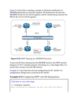 Figure 8-10 provides a topology example to illustrate modification of
DR/BDR placement in a network segment. R4 should never become the
DR/BDR for the 10.123.4.0/24 segment, and R1 should always become the
DR for the 10.123.4.0/24 segment.
Figure 8-10 OSPF Topology for DR/BDR Placement
To prevent R4 from entering into the DR/BDR election, the OSPF priority
changes to 0. R1’s interface priority will change to a value higher than 1 to
ensure that it always wins the DR election.
Example 8-15 provides the relevant configuration for R1 and R4. No
configuration changes have occurred on R2 and R3.
Example 8-15 Configuring OSPF with DR Manipulation
Click here to view code image
R1# configure terminal
Enter configuration commands, one per line. End with CNTL/Z.
 