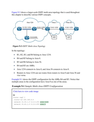 Figure 9-3 shows a larger-scale OSPF multi-area topology that is used throughout
this chapter to describe various OSPF concepts.
Figure 9-3 OSPF Multi-Area Topology
In the topology:
R1, R2, R3, and R4 belong to Area 1234.
R4 and R5 belong to Area 0.
R5 and R6 belong to Area 56.
R4 and R5 are ABRs.
Area 1234 connects to Area 0, and Area 56 connects to Area 0.
Routers in Area 1234 can see routes from routers in Area 0 and Area 56 and
vice versa.
Example 9-1 shows the OSPF configuration for the ABRs R4 and R5. Notice that
multiple areas in the configuration have Area 0 as one of the areas.
Example 9-1 Sample Multi-Area OSPF Configuration
Click here to view code image
R4
router ospf 1
router-id 192.168.4.4
network 10.24.1.0 0.0.0.255 area 1234
network 10.45.1.0 0.0.0.255 area 0
 