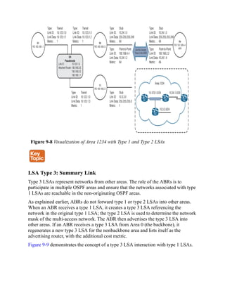 Figure 9-8 Visualization of Area 1234 with Type 1 and Type 2 LSAs
LSA Type 3: Summary Link
Type 3 LSAs represent networks from other areas. The role of the ABRs is to
participate in multiple OSPF areas and ensure that the networks associated with type
1 LSAs are reachable in the non-originating OSPF areas.
As explained earlier, ABRs do not forward type 1 or type 2 LSAs into other areas.
When an ABR receives a type 1 LSA, it creates a type 3 LSA referencing the
network in the original type 1 LSA; the type 2 LSA is used to determine the network
mask of the multi-access network. The ABR then advertises the type 3 LSA into
other areas. If an ABR receives a type 3 LSA from Area 0 (the backbone), it
regenerates a new type 3 LSA for the nonbackbone area and lists itself as the
advertising router, with the additional cost metric.
Figure 9-9 demonstrates the concept of a type 3 LSA interaction with type 1 LSAs.
 