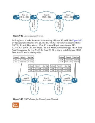 Figure 9-12 Discontiguous Network
At first glance, it looks like routes in the routing tables on R2 and R3 in Figure 9-13
are being advertised across area 23. The 10.34.1.0/24 network was advertised into
OSPF by R3 and R4 as a type 1 LSA. R3 is an ABR and converts Area 34’s
10.34.1.0/24 type 1 LSA into a type 3 LSA in Area 0. R3 uses the type 3 LSA from
Area 0 to generate the type 3 LSA for Area 23. R2 is able to install the type 3 LSA
from Area 23 into its routing table.
Figure 9-13 OSPF Routes for Discontiguous Network
 